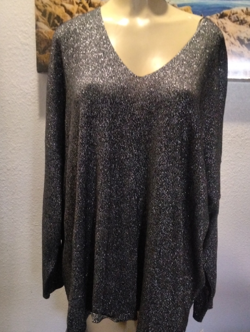 INC International Concepts Silver Metallic V-Neck Pullover Top